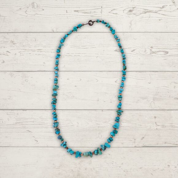 Handmade Turquoise Chip Necklace with Sterling Silver Beads 20 Inches Western - Picture 2 of 7